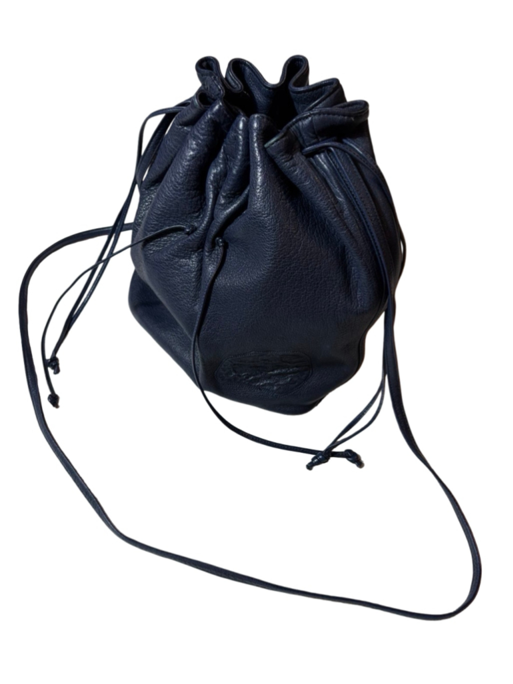 Vintage Carlos Falchi Navy Blue Pebbled Leather Drawstring Bucket Crossbody Bag